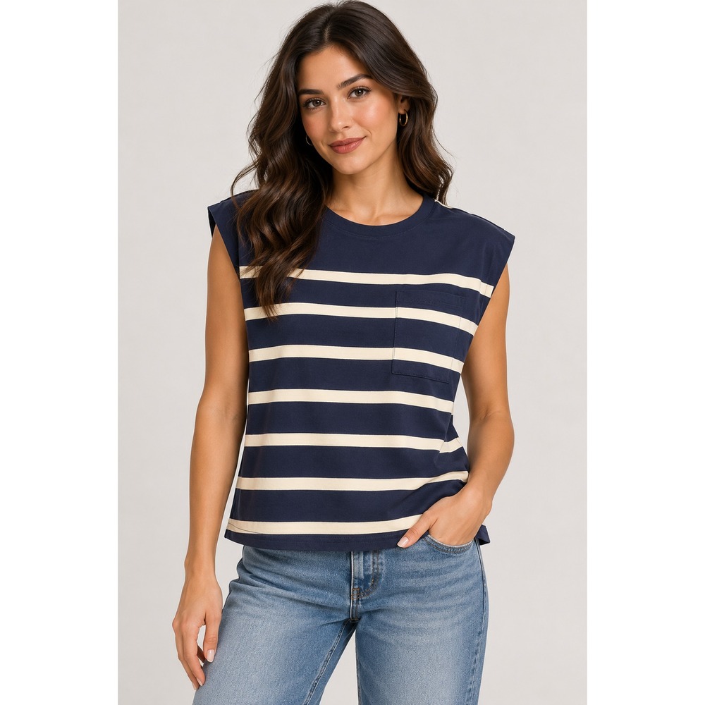 J.Crew Tank Top Women S Navy Stripe Excellent Muscle Tee Pocket Cotton